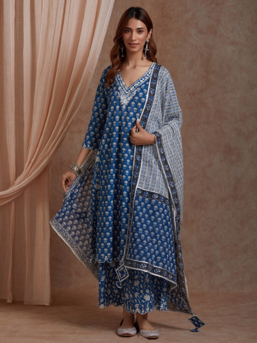 Blue Hand Block Print Cotton Dupatta with Gota Details
