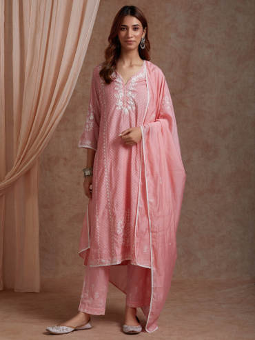 Light Pink Aari embroidery Chanderi Round Neck Suit - Set of 3