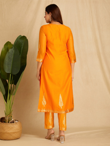 Orange Foile Printed Chanderi Straight, Round Neck Kurta with Pants Set of 2