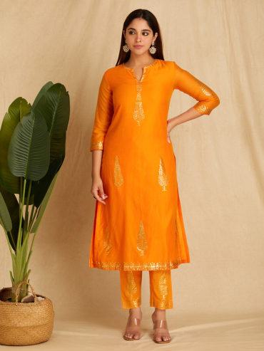Orange Foile Printed Chanderi Straight, Round Neck Kurta with Pants Set of 2