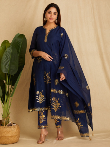 Navy Blue Chanderi Hand Block Foile Printed Dupatta