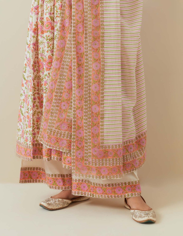 Off-White Orange Hand Block Printed Cotton Dupatta