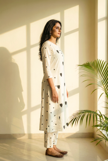  Ivory Black Hand Block Heart Printed Round Neck, Front Placket Cotton Kurta with Pants Set of 2
