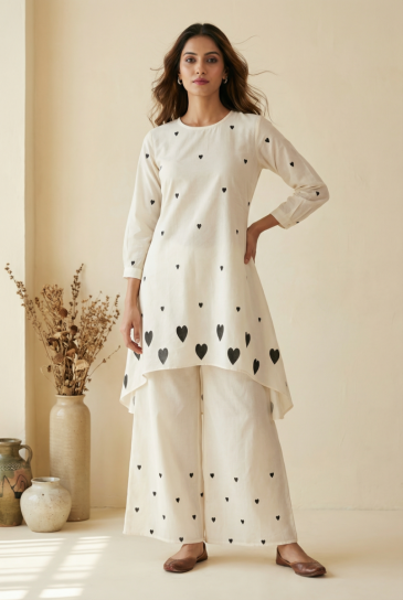 Ivory Black Hand Block Heart Printed Round Neck, High-Low Cotton Kurta with Pants Set of 2