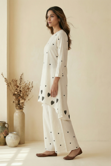 Ivory Black Hand Block Heart Printed Round Neck, High-Low Cotton Kurta with Pants Set of 2