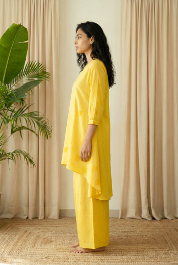 Mustard Hand Block Heart Printed Round Neck, High-Low Cotton Kurta with Pants Set of 2