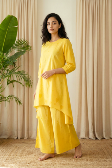 Mustard Hand Block Heart Printed Round Neck, High-Low Cotton Kurta with Pants Set of 2