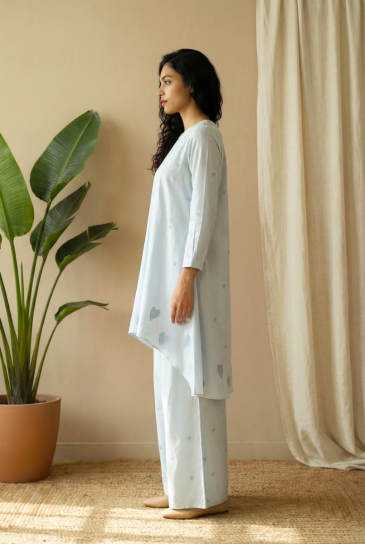 Light Blue Hand Block Heart Printed Round Neck, High-Low Cotton Kurta with Pants Set of 2