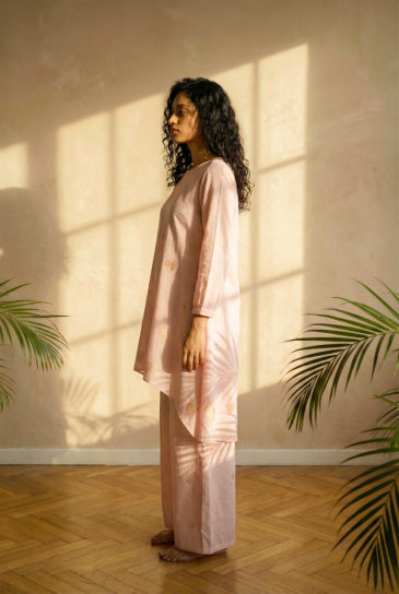 Peach Hand Block Heart Printed Round Neck, High-Low Cotton Kurta with Pants Set of 2