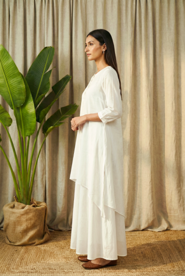 Ivory Round Neck, Front Button Placket Double Layer High-Low Cotton Kurta