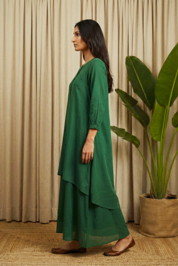 Green Round Neck, Front Button Placket Double Layer High-Low Cotton Kurta
