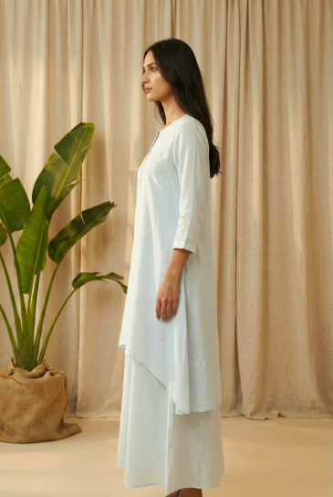 Powder Blue Round Neck, Front Button Placket Double Layer High-Low Cotton Kurta