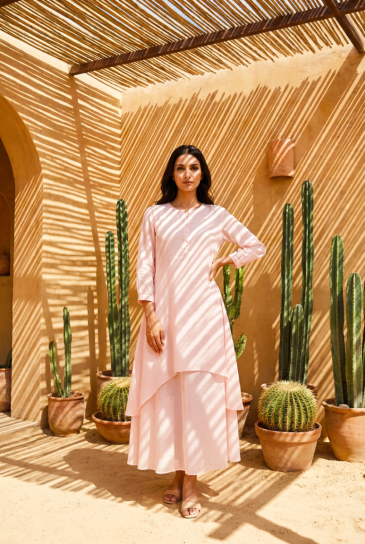 Peach Round Neck, Front Button Placket Double Layer High-Low Cotton Kurta