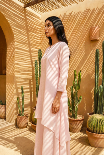 Peach Round Neck, Front Button Placket Double Layer High-Low Cotton Kurta