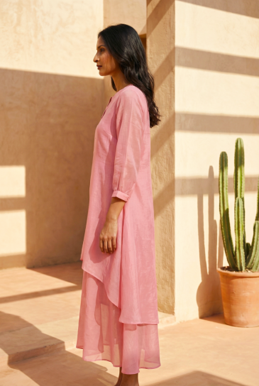 Pink Round Neck, Front Button Placket Double Layer High-Low Cotton Kurta