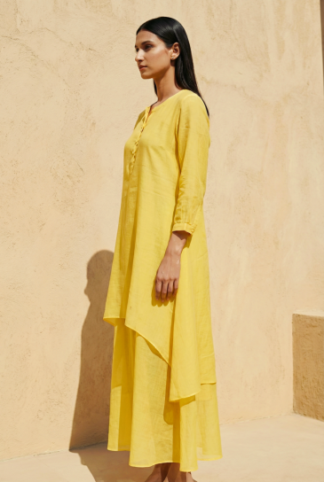 Yellow Round Neck, Front Button Placket Double Layer High-Low Cotton Kurta