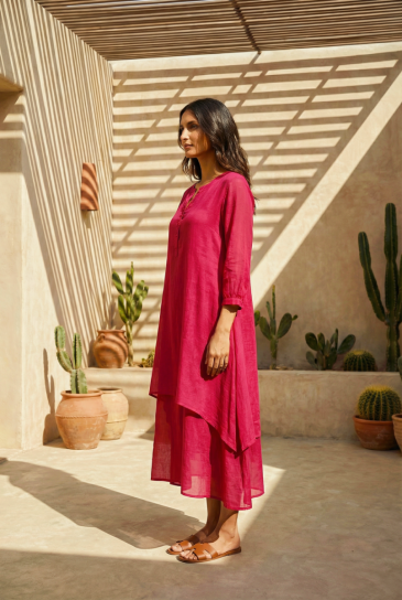 Fuschia Round Neck, Front Button Placket Double Layer High-Low Cotton Kurta
