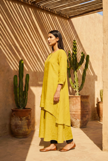 Mustard Round Neck, Front Button Placket Double Layer High-Low Cotton Kurta