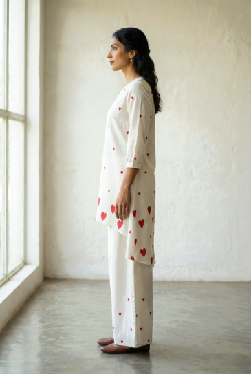 Ivory Red Hand Block Heart Printed Round Neck, High-Low Cotton Kurta with Pants Set of 2
