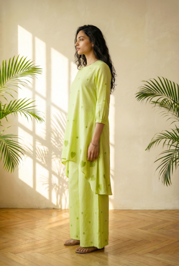Pista Green Hand Block Heart Printed Round Neck, High-Low Cotton Kurta with Pants Set of 2