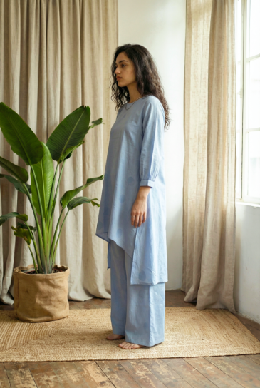 Blue Hand Block Polka Dot Printed Round Neck, High-Low Cotton Kurta with Pants Set of 2