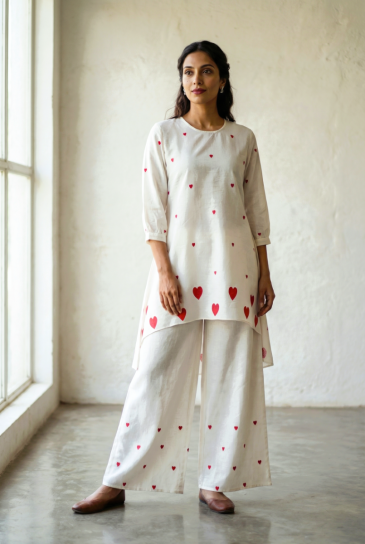 Ivory Red Hand Block Heart Printed Round Neck, High-Low Cotton Kurta with Pants Set of 2