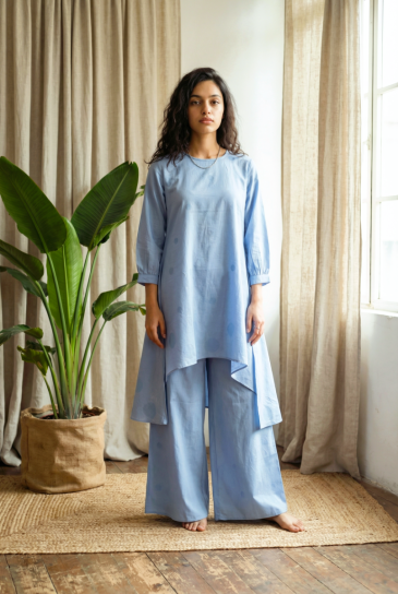 Blue Hand Block Polka Dot Printed Round Neck, High-Low Cotton Kurta with Pants Set of 2