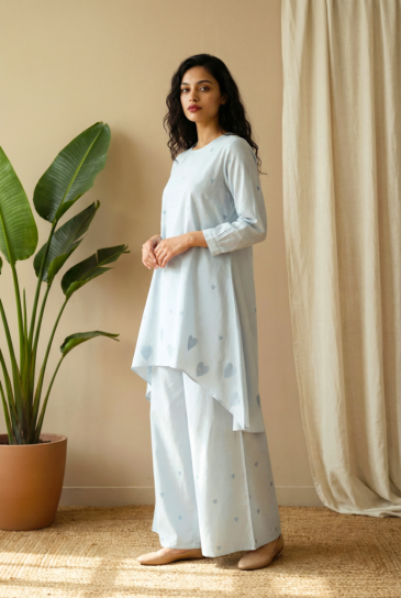 Light Blue Hand Block Heart Printed Round Neck, High-Low Cotton Kurta with Pants Set of 2