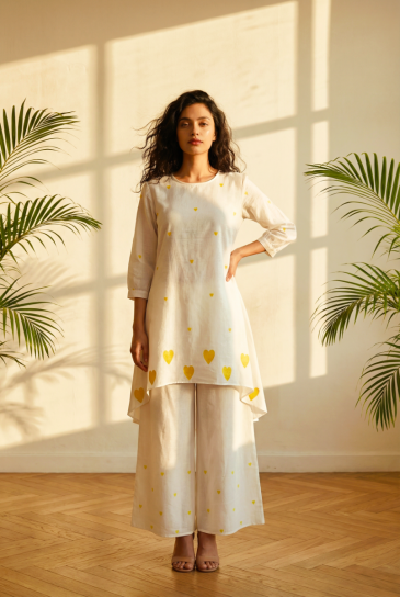Ivory Yellow Hand Block Heart Printed Round Neck, High-Low Cotton Kurta with Pants Set of 2