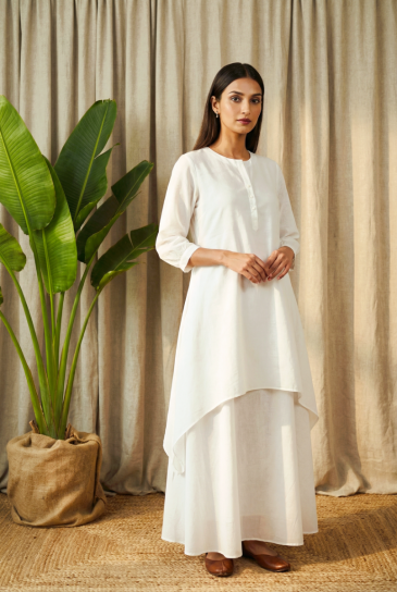 Ivory Round Neck, Front Button Placket Double Layer High-Low Cotton Kurta