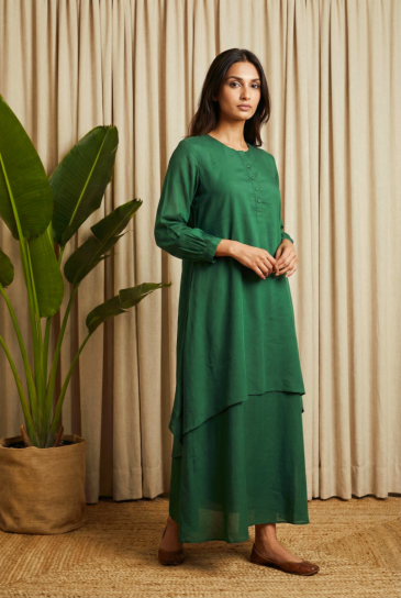Green Round Neck, Front Button Placket Double Layer High-Low Cotton Kurta