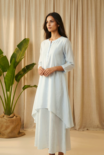 Powder Blue Round Neck, Front Button Placket Double Layer High-Low Cotton Kurta