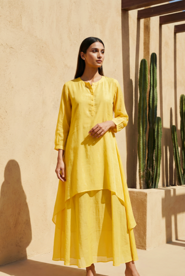 Yellow Round Neck, Front Button Placket Double Layer High-Low Cotton Kurta