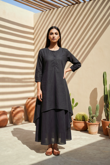 Black Round Neck, Front Button Placket Double Layer High-Low Cotton Kurta