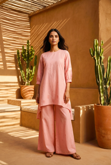 Peach Hand Block Heart Printed Round Neck, High-Low Cotton Kurta with Pants Set of 2