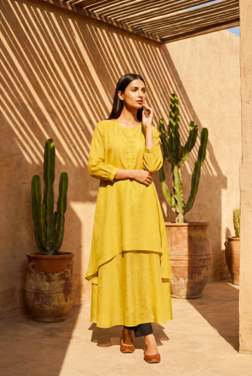 Mustard Round Neck, Front Button Placket Double Layer High-Low Cotton Kurta