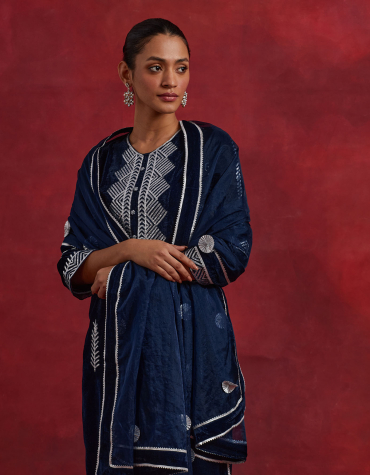 Navy Blue Velvet Gota Embroidered Kurta with Velvet Pant- Set of 2